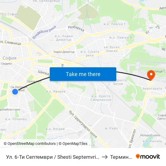 Ул. 6-Ти Септември / Shesti Septemvri St. (1808) to Терминал 1 map