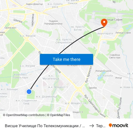 Висше Училище По Телекомуникации / University Of Telecommunications And Post (1396) to Терминал 1 map