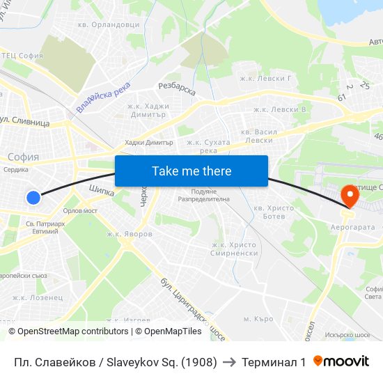 Пл. Славейков / Slaveykov Sq. (1908) to Терминал 1 map