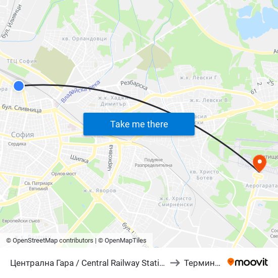 Централна Гара / Central Railway Station (1327) to Терминал 1 map