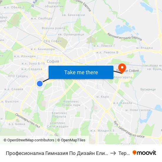 Професионална Гимназия По Дизайн Елисавета Вазова / Elisaveta Vazova High School Of Design (1736) to Терминал 1 map