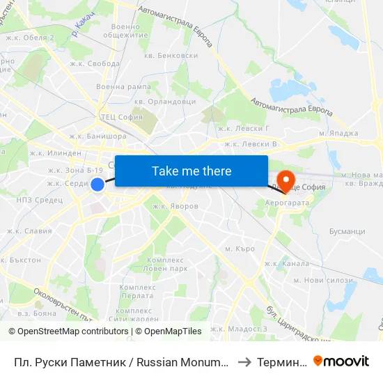Пл. Руски Паметник / Russian Monument Sq. (1295) to Терминал 1 map