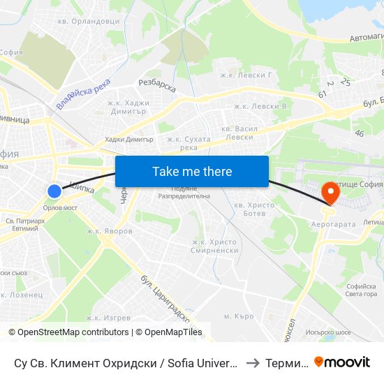Су Св. Климент Охридски / Sofia University St. Kliment Ohridski to Терминал 1 map