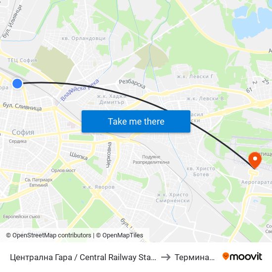 Централна Гара / Central Railway Station to Терминал 1 map