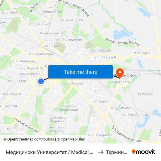 Медицински Университет / Medical University to Терминал 1 map