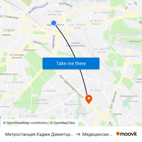 Метростанция Хаджи Димитър / Hadzhi Dimitar Metro Station (0303) to Медицински Център Хармония map