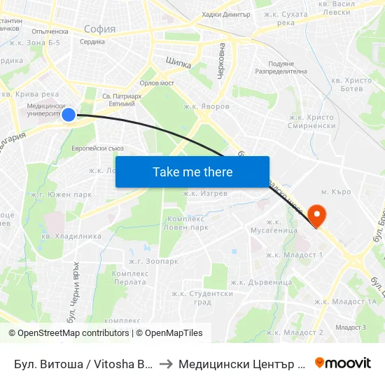 Бул. Витоша / Vitosha Blvd. (0302) to Медицински Център Хармония map