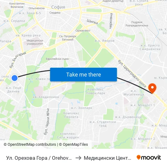 Ул. Орехова Гора / Orehova Gora St. (2089) to Медицински Център Хармония map