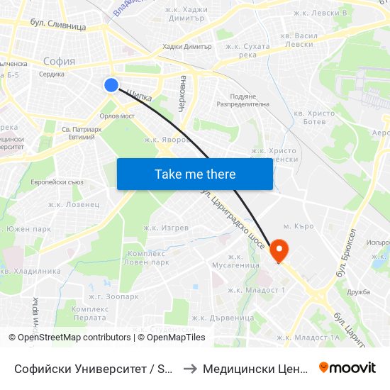 Софийски Университет / Sofia University (1698) to Медицински Център Хармония map