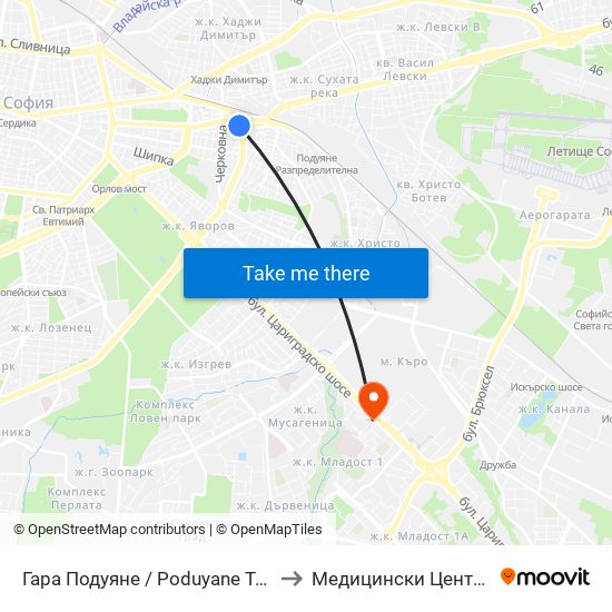 Гара Подуяне / Poduyane Train Station (0468) to Медицински Център Хармония map