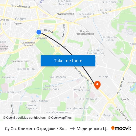 Су Св. Климент Охридски / Sofia University St. Kliment Ohridski to Медицински Център Хармония map