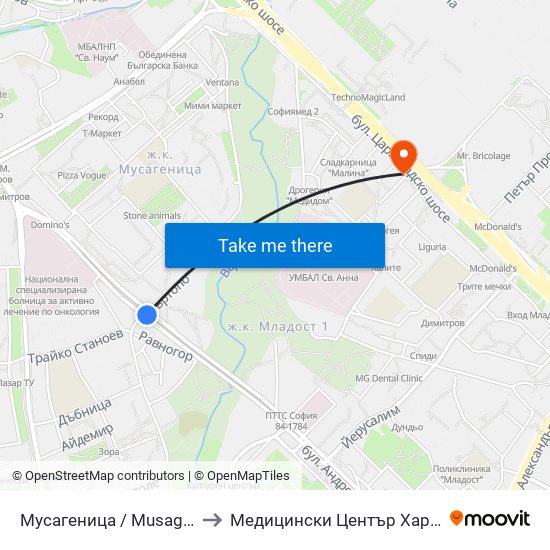 Мусагеница /  Musagenitsa to Медицински Център Хармония map