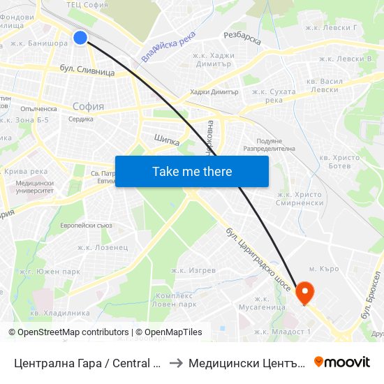 Централна Гара / Central Railway Station to Медицински Център Хармония map