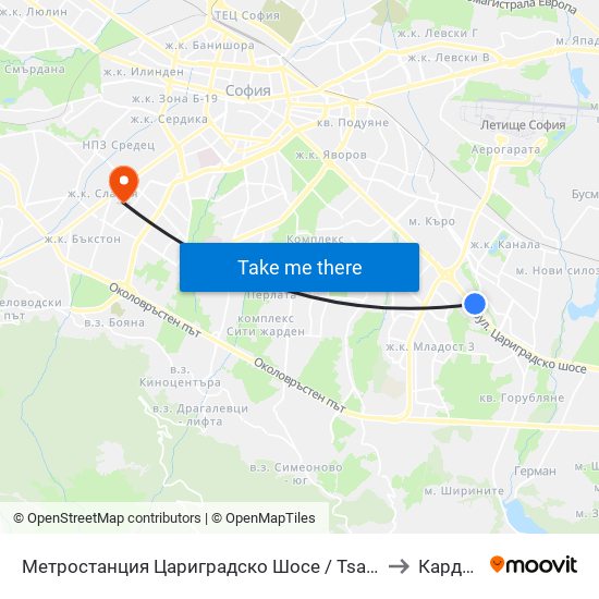 Метростанция Цариградско Шосе / Tsarigradsko Shosse Metro Station (1016) to Кардио Шанс map