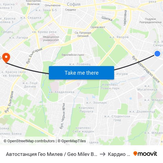 Автостанция Гео Милев / Geo Milev Bus Station (0052) to Кардио Шанс map
