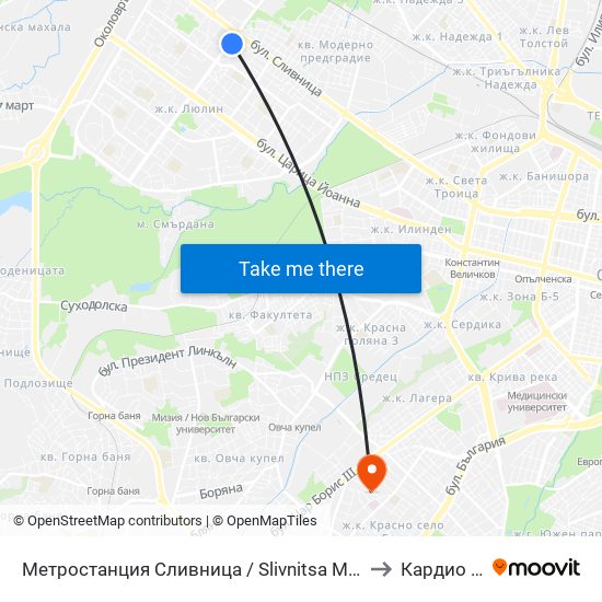 Метростанция Сливница / Slivnitsa Metro Station (1063) to Кардио Шанс map