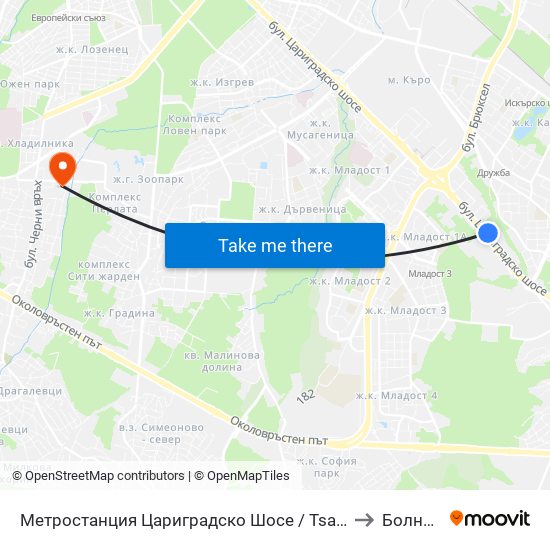 Метростанция Цариградско Шосе / Tsarigradsko Shosse Metro Station (1016) to Болница Вита map