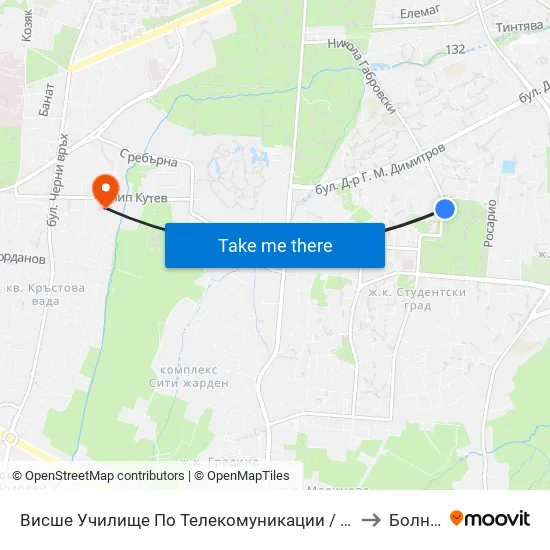 Висше Училище По Телекомуникации / University Of Telecommunications And Post (1397) to Болница Вита map