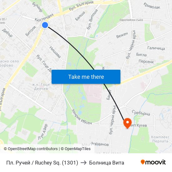 Пл. Ручей / Ruchey Sq. (1301) to Болница Вита map