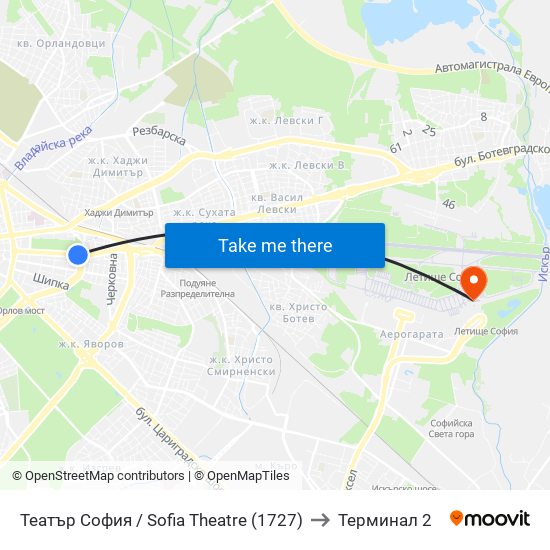 Театър София / Sofia Theatre (1727) to Терминал 2 map