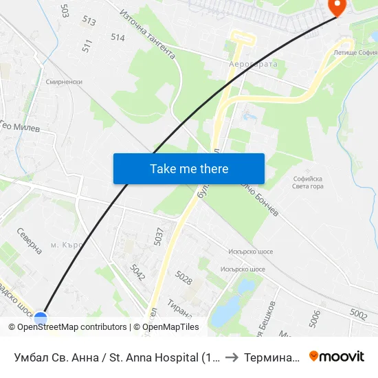 Умбал Св. Анна / St. Anna Hospital (1196) to Терминал 2 map