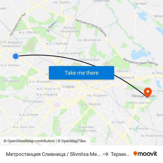Метростанция Сливница / Slivnitsa Metro Station (1063) to Терминал 2 map