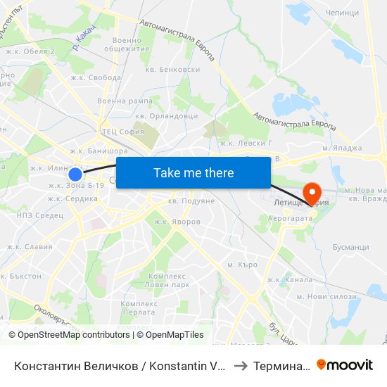 Константин Величков / Konstantin Velichkov to Терминал 2 map