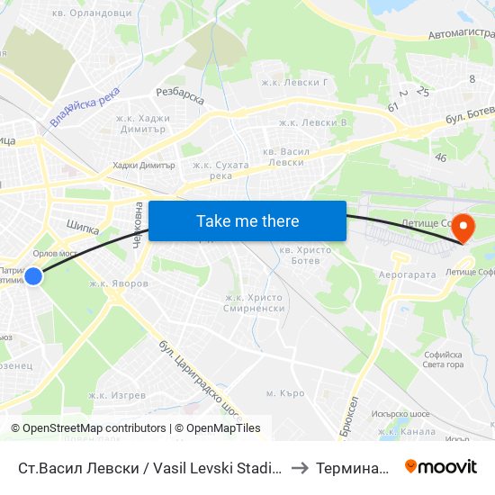 Ст.Васил Левски / Vasil Levski Stadium to Терминал 2 map