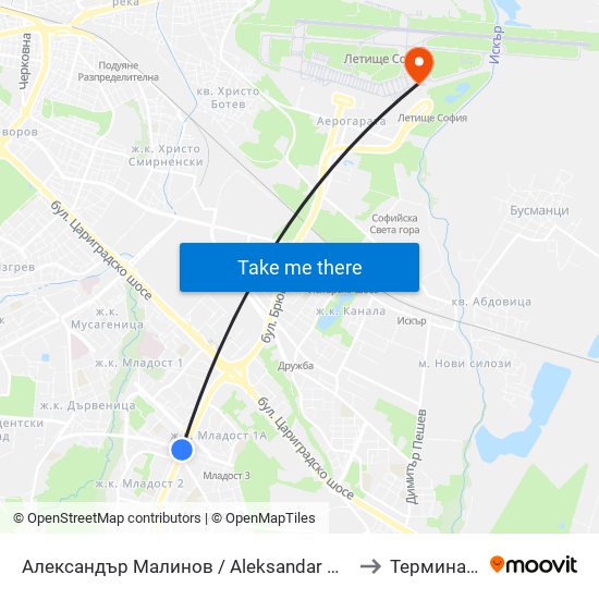 Александър Малинов / Aleksandar Malinov to Терминал 2 map