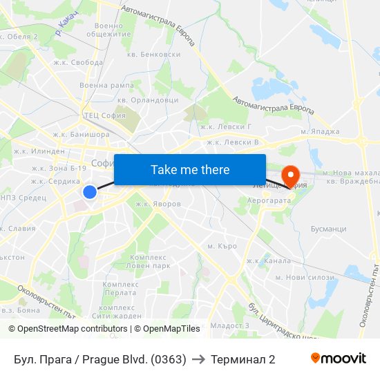 Бул. Прага / Prague Blvd. (0363) to Терминал 2 map