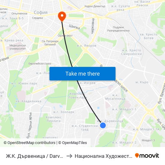 Ж.К. Дървеница / Darvenitsa Qr. (0800) to Национална Художествена Академия map