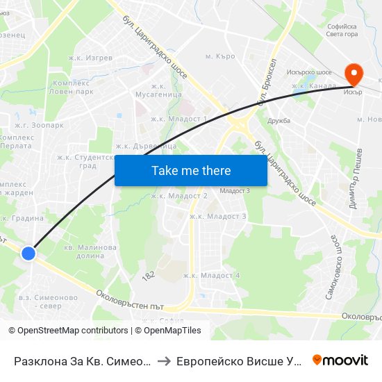 Разклона За Кв. Симеоново / Fork Road To Simeonovo Qr. (1458) to Европейско Висше Училище По Икономика И Мениджмънт map