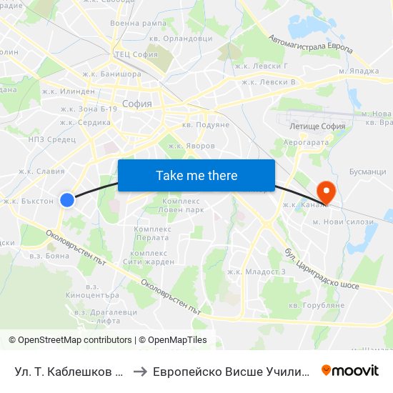 Ул. Т. Каблешков / T. Kableshkov St. (2213) to Европейско Висше Училище По Икономика И Мениджмънт map