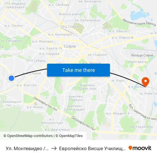 Ул. Монтевидео / Montevideo St. (2050) to Европейско Висше Училище По Икономика И Мениджмънт map