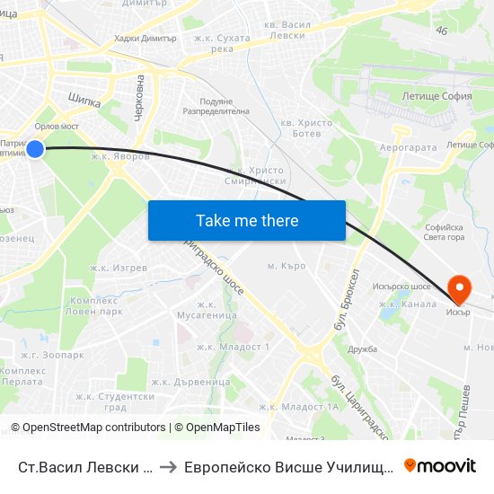 Ст.Васил Левски / Vasil Levski Stadium to Европейско Висше Училище По Икономика И Мениджмънт map