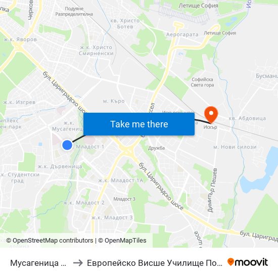 Мусагеница /  Musagenitsa to Европейско Висше Училище По Икономика И Мениджмънт map