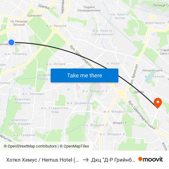 Хотел Хемус / Hemus Hotel (2329) to Дкц “Д-Р Грийнберг” map