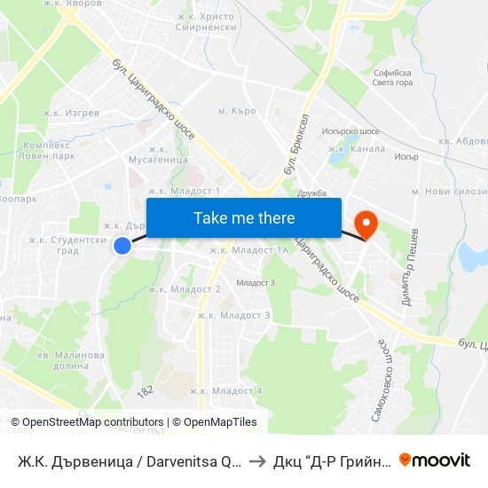 Ж.К. Дървеница / Darvenitsa Qr. (1012) to Дкц “Д-Р Грийнберг” map