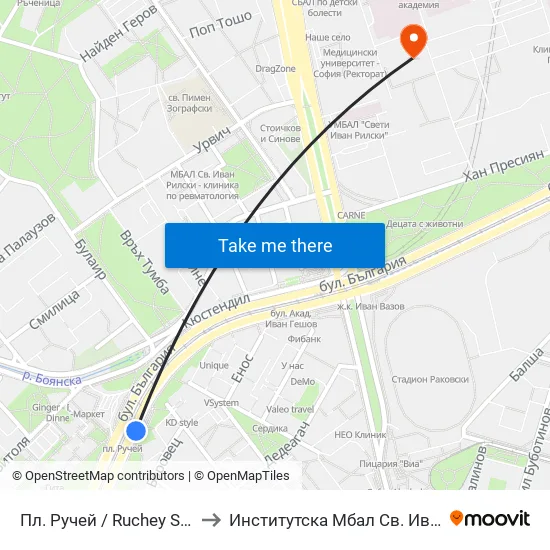 Пл. Ручей / Ruchey Sq. (1301) to Институтска Мбал Св. Иван Рилски map