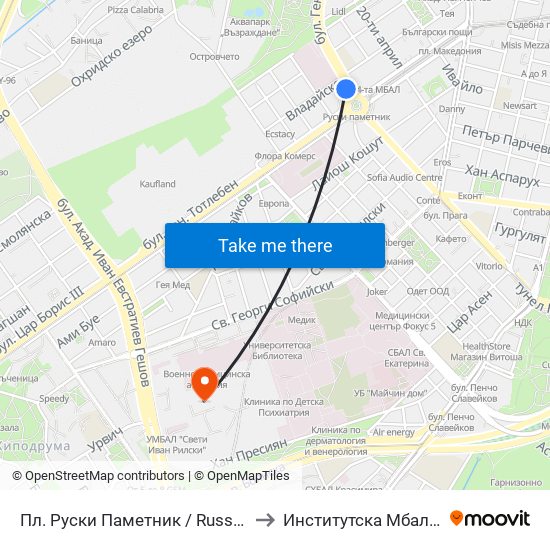 Пл. Руски Паметник / Russian Monument Sq. (1295) to Институтска Мбал Св. Иван Рилски map