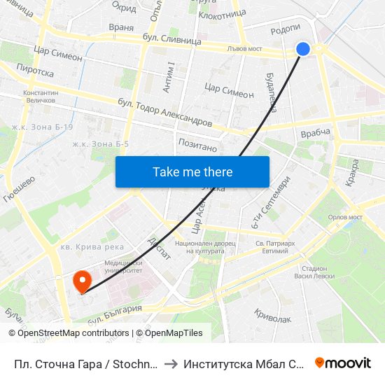 Пл. Сточна Гара / Stochna Gara Sq. (1311) to Институтска Мбал Св. Иван Рилски map