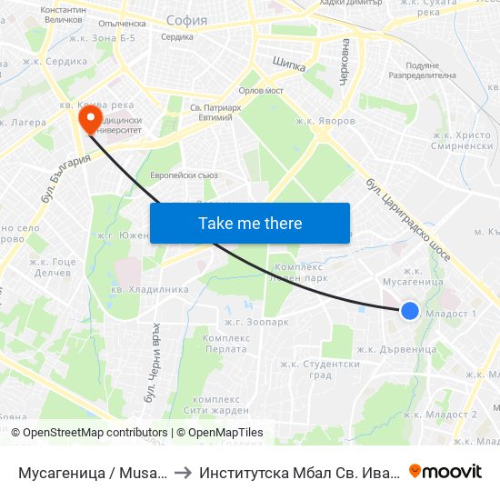 Мусагеница /  Musagenitsa to Институтска Мбал Св. Иван Рилски map