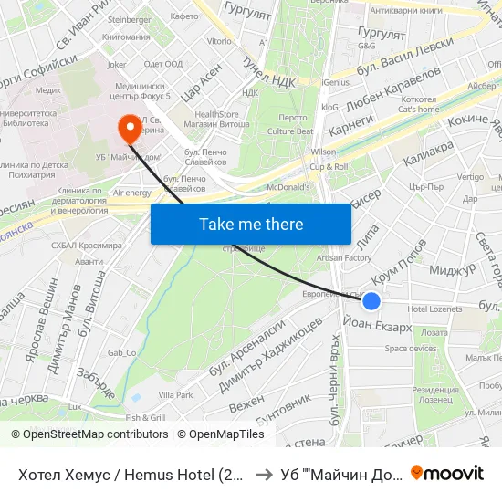 Ⓜ️ Хотел Хемус / Hemus Hotel (2329) to Уб ""Майчин Дом"" map