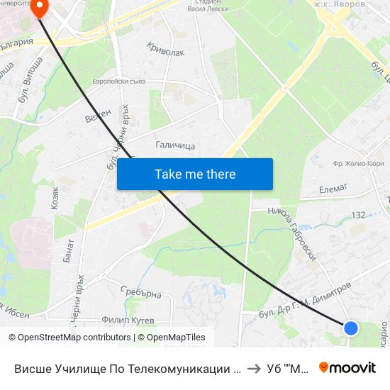 Висше Училище По Телекомуникации / University Of Telecommunications And Post (1397) to Уб ""Майчин Дом"" map