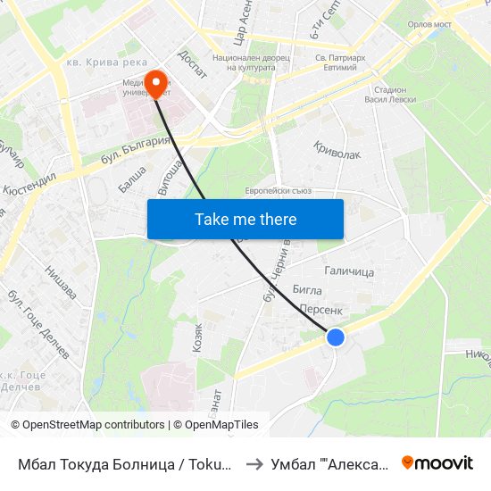 Мбал Токуда Болница / Tokuda Hospital (0206) to Умбал ""Александровска"" map