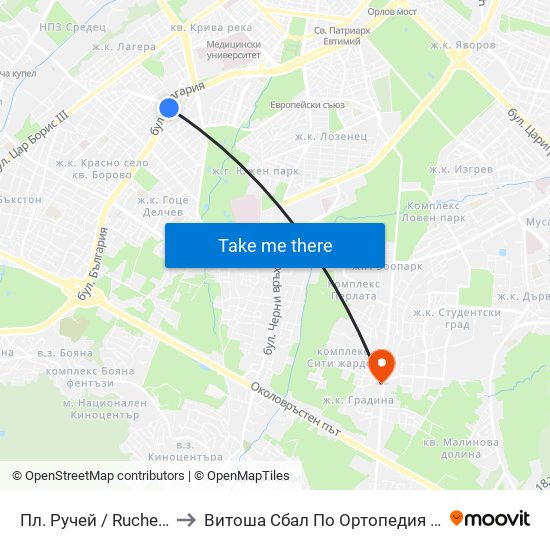 Пл. Ручей / Ruchey Sq. (1301) to Витоша Сбал По Ортопедия И Травматология map