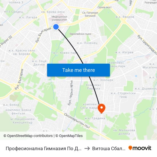 Професионална Гимназия По Дизайн Елисавета Вазова / Elisaveta Vazova High School Of Design (1736) to Витоша Сбал По Ортопедия И Травматология map