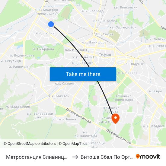 Метростанция Сливница / Slivnitsa Metro Station (1063) to Витоша Сбал По Ортопедия И Травматология map
