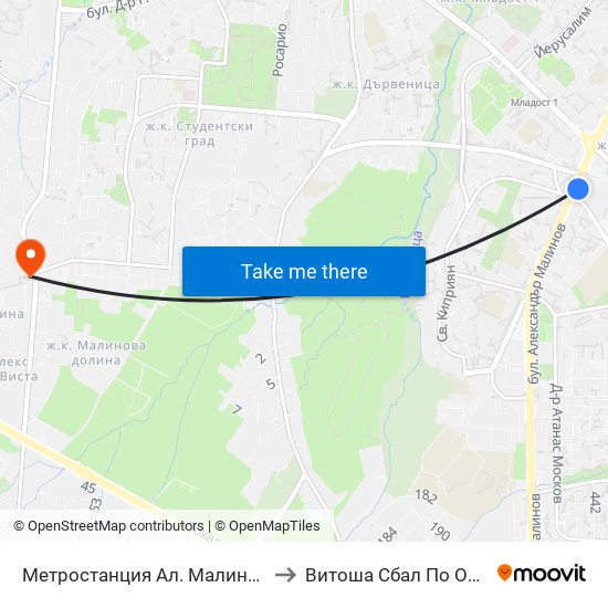 Метростанция Ал. Малинов / Al. Malinov Metro Station (0170) to Витоша Сбал По Ортопедия И Травматология map