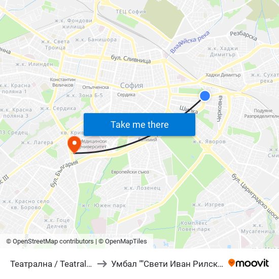 Театрална / Teatralna to Умбал ""Свети Иван Рилски"" map